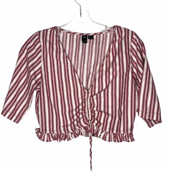 Volcom Womens Top Size S Red White Striped Rushed Pullover Casual V Neck Crop - Picture 1 of 11